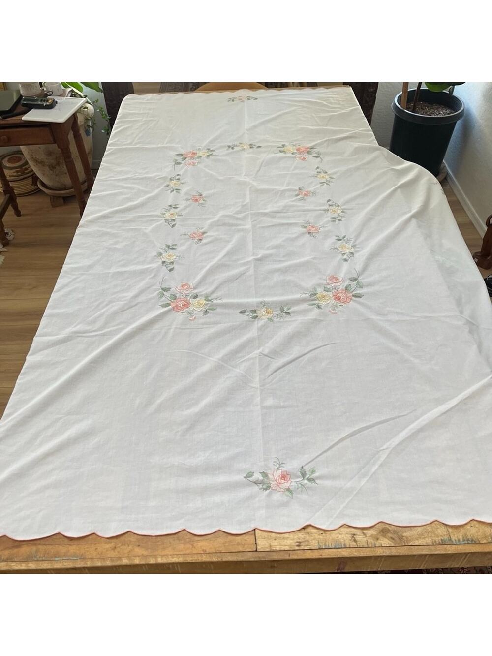 Vintage Embroidered Pastel Floral Cotton Blend Tablecloth 61" x 81"